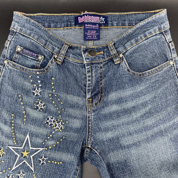 Vtg Y2K Bubblegum Jeans Womens 3/4 Flare Gold Silver Embroidered Stars Low Rise - Picture 8 of 8
